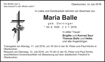 Traueranzeige von Maria Balle von Schwäbische Post