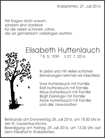 Traueranzeige von Elisabeth Huttenlauch von Gmünder Tagespost