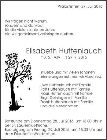 Traueranzeige von Elisabeth Huttenlauch