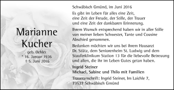 Traueranzeige von Marianne Kucher von Gmünder Tagespost