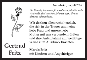 Traueranzeige von Gertrud Fritz von Schwäbische Post