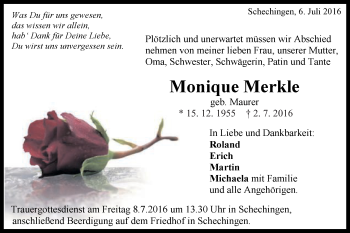 Traueranzeige von Monique Merkle von Gmünder Tagespost
