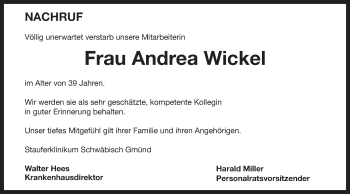 Traueranzeige von Andrea Wickel von Gmünder Tagespost