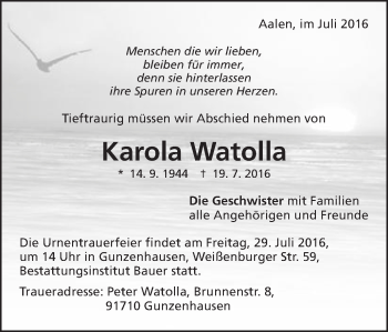Traueranzeige von Karola Watolla von Schwäbische Post