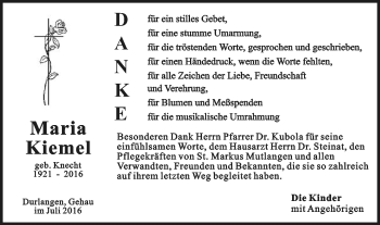 Traueranzeige von Maria Kiemel von Gmünder Tagespost