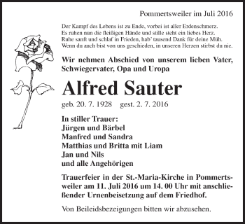 Traueranzeige von Alfred Sauter  von Schwäbische Post