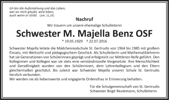 Traueranzeige von Majella Benz von Schwäbische Post