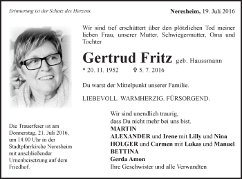 Traueranzeige von Gertrud Fritz von Schwäbische Post