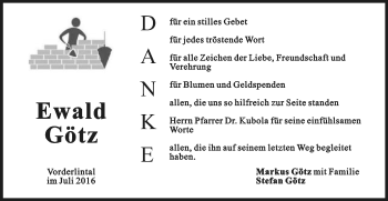 Traueranzeige von Ewald Götz  von Gmünder Tagespost