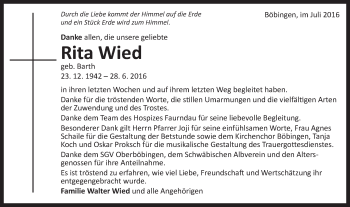 Traueranzeige von Rita Wied von Gmünder Tagespost