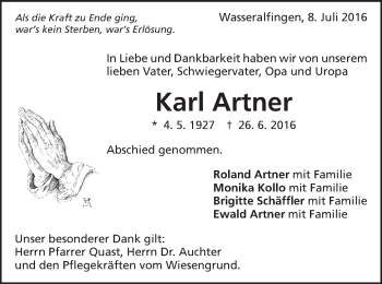 Traueranzeige von Karl Artner von Schwäbische Post
