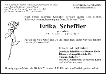 Traueranzeige von Erika Scheffler von Gmünder Tagespost