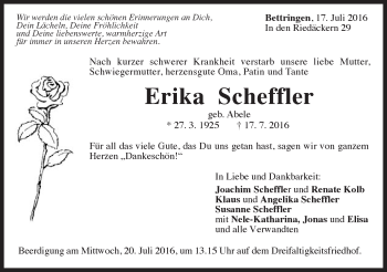 Traueranzeige von Erika Scheffler