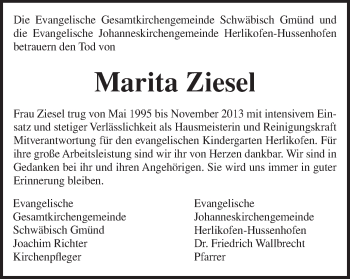 Traueranzeige von Marita Ziesel von Gmünder Tagespost