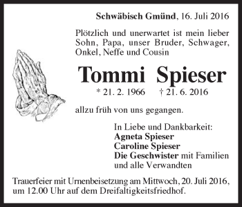 Traueranzeige von Tommi Spieser von Gmünder Tagespost