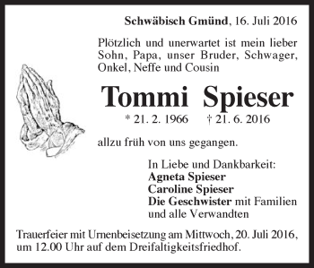 Traueranzeige von Tommi Spieser