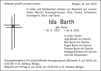Traueranzeige von Ida Barth von Gmünder Tagespost