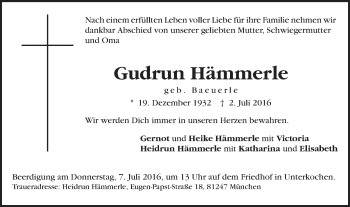 Traueranzeige von Gudrun Hämmerle von Schwäbische Post