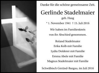 Traueranzeige von Gerlinde Stadelmaier von Gmünder Tagespost