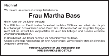 Traueranzeige von Martha Bass von Gmünder Tagespost