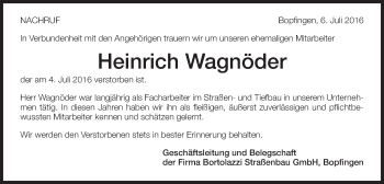 Traueranzeige von Heinrich Wagnöder von Schwäbische Post