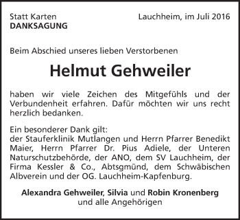 Traueranzeige von Helmut Gehweiler von Schwäbische Post