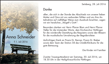 Traueranzeige von Anna Schneider von Schwäbische Post