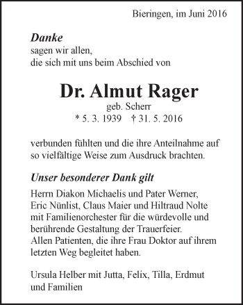 Traueranzeige von Almut Rager von Gmünder Tagespost