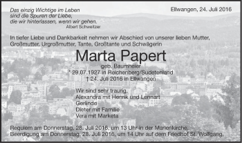 Traueranzeige von Marta Papert von Schwäbische Post