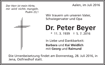 Traueranzeige von Peter Beyer von Schwäbische Post