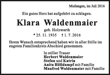 Traueranzeige von Klara Waldenmaier von Gmünder Tagespost