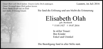 Traueranzeige von Elisabeth Olah von Gmünder Tagespost