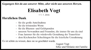 Traueranzeige von Elisabeth Vogt von Gmünder Tagespost