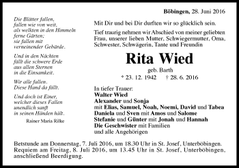 Traueranzeige von Rita Wied von Gmünder Tagespost