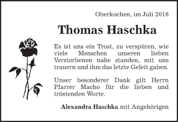 Traueranzeige von Thomas Haschka von Amtsblatt_Oko