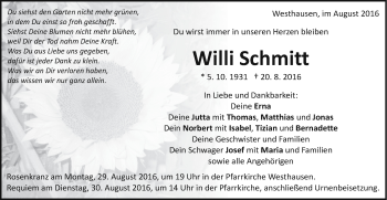 Traueranzeige von Willi Schmitt von Schwäbische Post