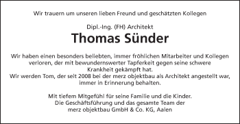 Traueranzeige von Thomas Sünder von Schwäbische Post