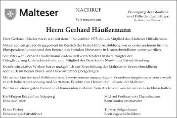 Traueranzeige von Gerhard Häußermann von Schwäbische Post