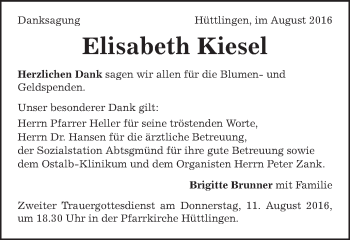 Traueranzeige von Elisabeth Kiesel von Schwäbische Post