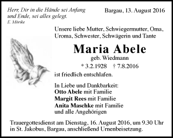 Traueranzeige von Maria Abele von Gmünder Tagespost