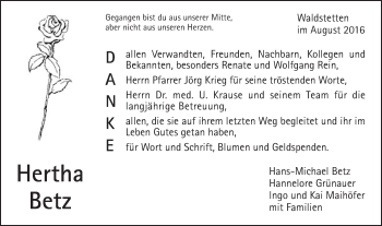 Traueranzeige von Hertha Betz von Gmünder Tagespost