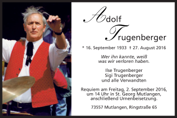 Traueranzeige von Adolf Trugenberger von Gmünder Tagespost