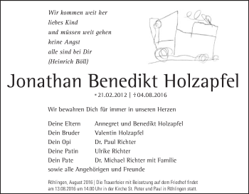 Traueranzeige von Jonathan Benedikt Holzapfel von Schwäbische Post