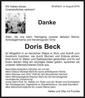Traueranzeige von Doris Beck von Gmünder Tagespost