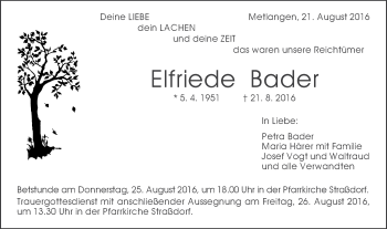 Traueranzeige von Elfriede Bader von Gmünder Tagespost