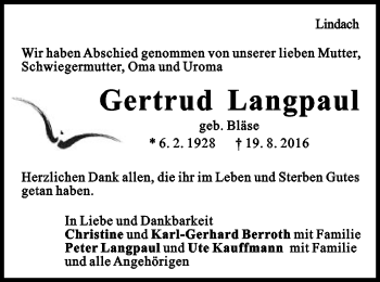 Traueranzeige von Gertrud Langpaul von Gmünder Tagespost