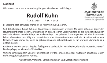 Traueranzeige von Rudi Kuhn von Schwäbische Post