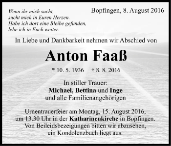Traueranzeige von Anton Faaß von Schwäbische Post