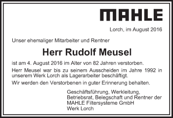 Traueranzeige von Rudolf Meusel von Gmünder Tagespost
