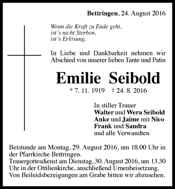 Traueranzeige von Emilie Seibold von Gmünder Tagespost